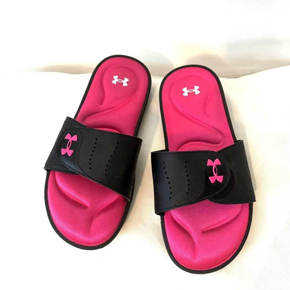 Under Armour pink and black slides
